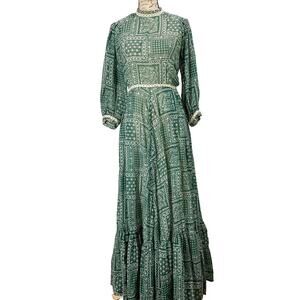 Vintage 70s Susan Small Boho Green Floral Patchwork Print Maxi Prairie Dress